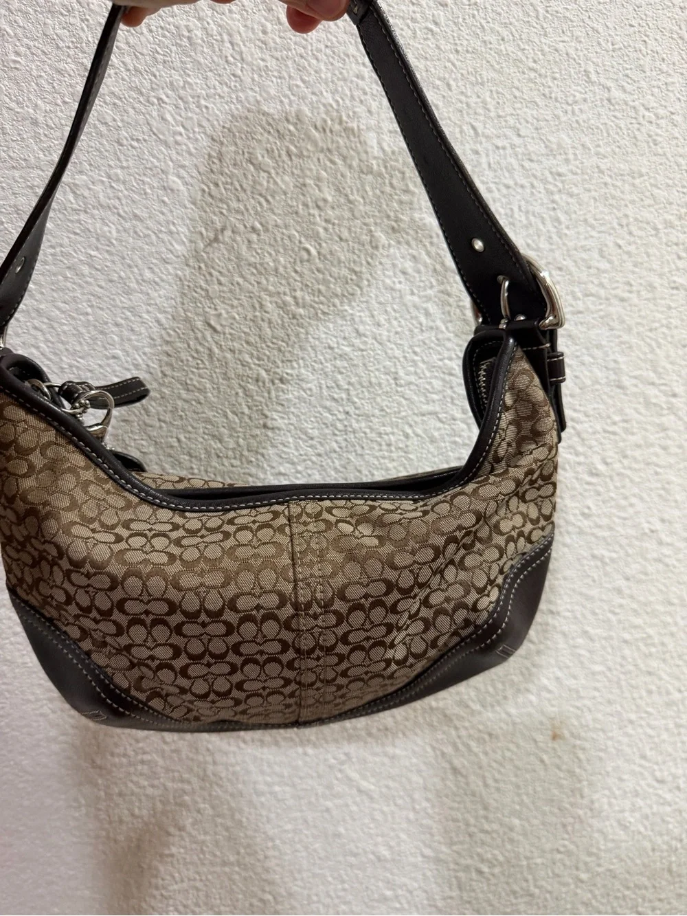 Coach Monogram Shoulder Bag in Tan with Red Cherry Charm